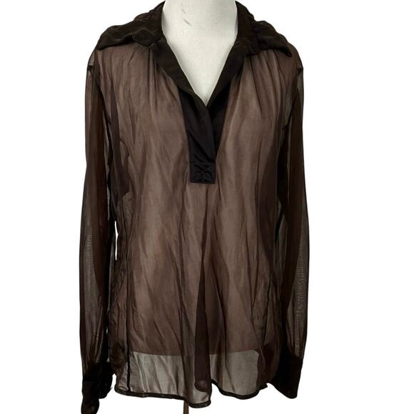 Janet Howard Sheer Grunge Minimalist Blouse Top Women Long Sleeve Brown Large - Picture 1 of 9